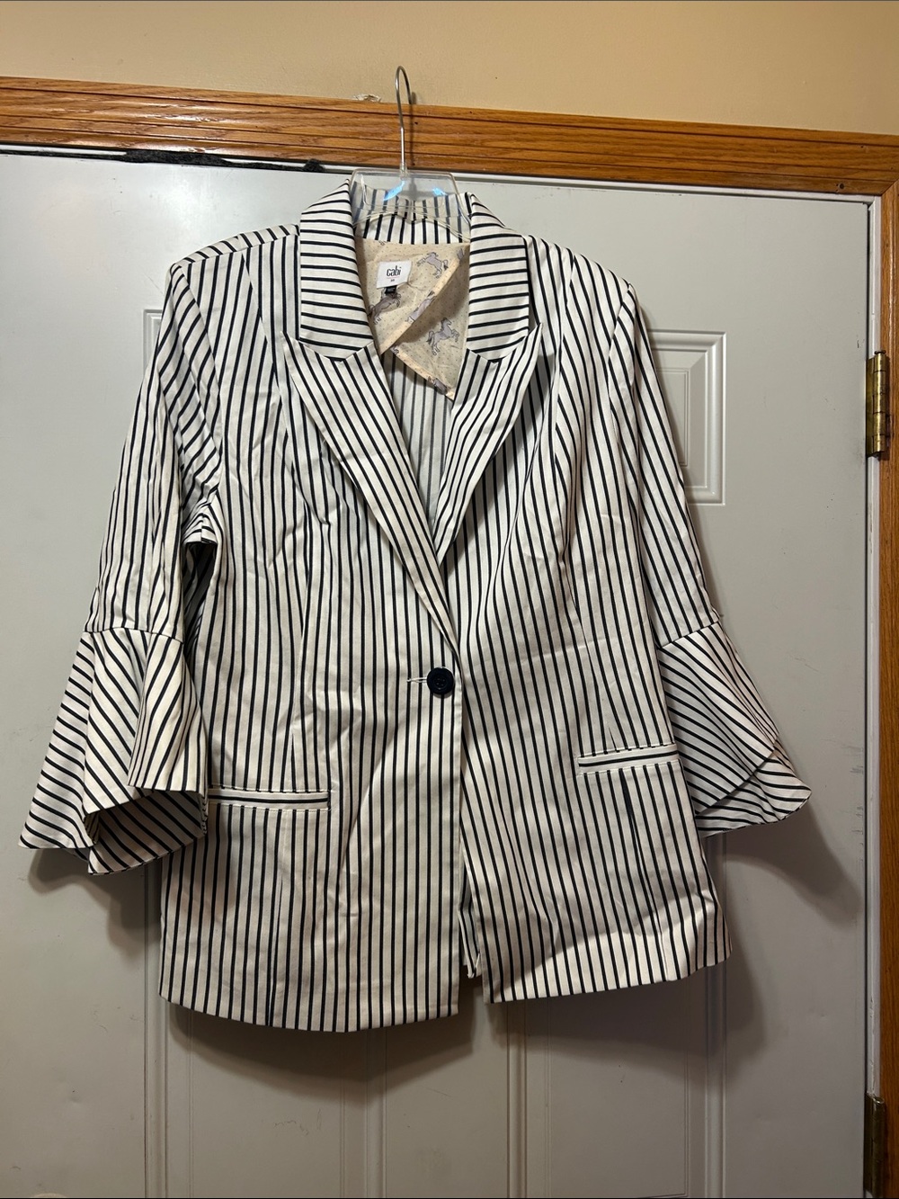 CAbi Black and White Pinstripe Ruffle-Sleeve Blazer 16
